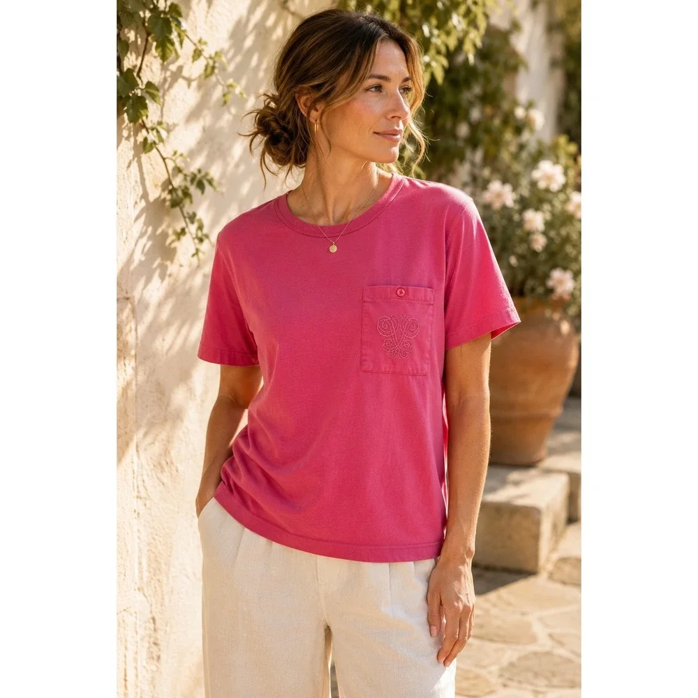 Autograph Pink Pocket Tee Women's Small Embroidered Y2K Cottagecore Top Vintage